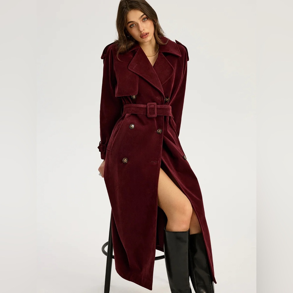 Commense Belted Double-Breasted Suede Effect Long Trench Coat - Picture 8 of 16